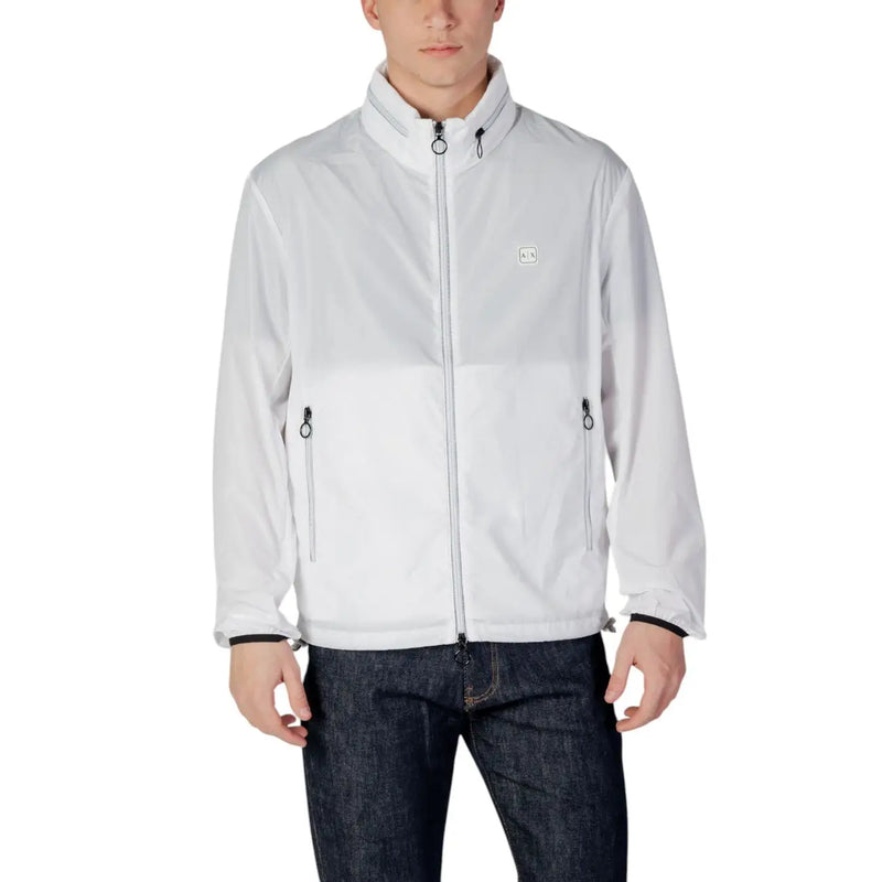 Armani Exchange Weißer Herren-Polyesterblazer mit Reißverschluss, dezentem Farbblock-Design und schwarzen Reißverschlussanhängern