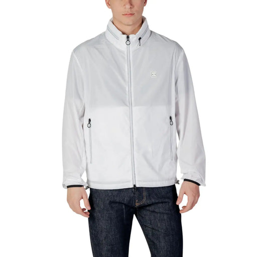 Armani Exchange Weißer Herren-Polyesterblazer mit Reißverschluss, dezentem Farbblock-Design und schwarzen Reißverschlussanhängern