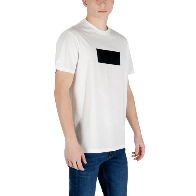 Men’s white cotton crew-neck T-shirt with black rectangular graphic from Armani Exchange
