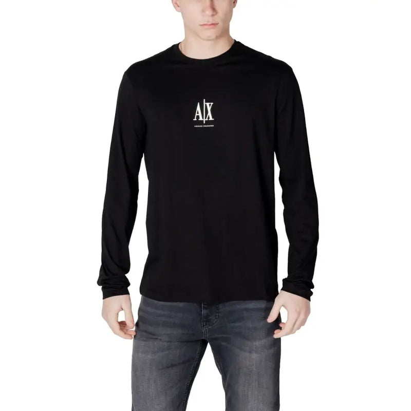 Men’s black long-sleeved crew-neck T-shirt with white graphic logo on chest