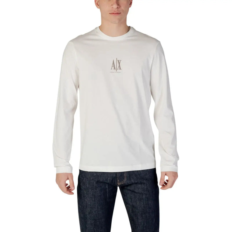 Armani Exchange men white long-sleeved cotton t shirt with subtle gray logo on the chest and round neck