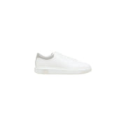 Armani Exchange men white sporty polyester sneaker with silver mesh heel accent and chunky white sole shown from the back