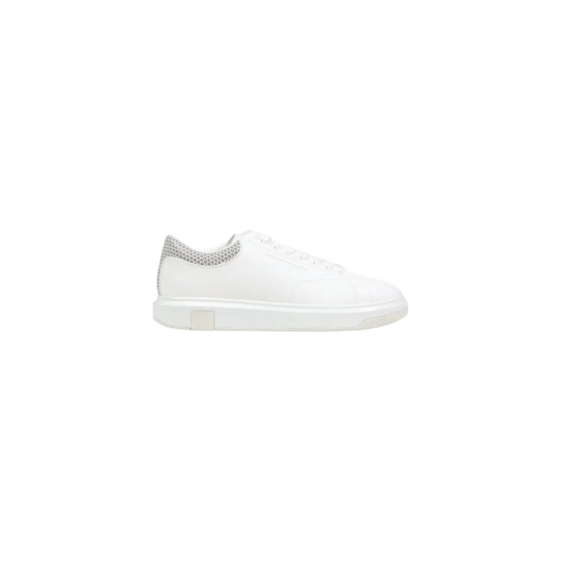 Armani Exchange men white sporty polyester sneaker with silver mesh heel accent and chunky white sole shown from the back