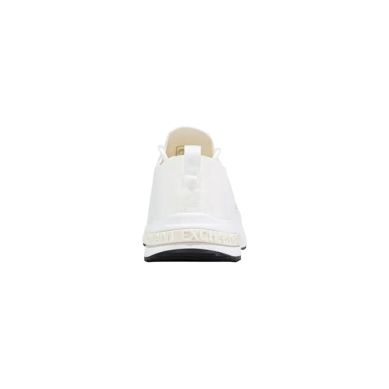 Armani Exchange men white sporty polyester slip-on sneaker with glossy finish and black sole shown from the back