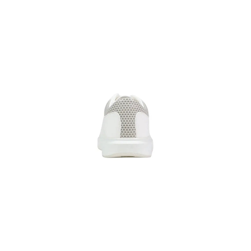 Armani Exchange men white sporty polyester sneaker showing back side with textured pattern on heel and midsole