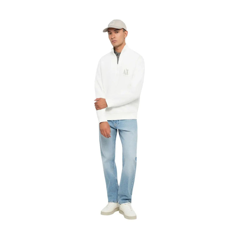 Armani Exchange Weißes Herren-Sweatshirt aus Baumwolle mit halbem Reißverschluss, dezentem grauen Logo auf der Brust und Rollkragen