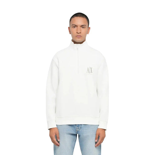 Armani Exchange Weißes Herren-Sweatshirt aus Baumwolle mit halbem Reißverschluss, dezentem, gesticktem Logo auf der Brust und Rollkragen.
