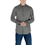 Armani Exchange Schwarzes Herren-Langarmhemd aus Baumwolle mit geometrischem Muster, strukturiertem Stoff und Knopfleiste