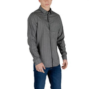 Armani Exchange mens black long sleeve cotton shirt with a subtle dark gray geometric pattern on the front
