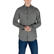 Armani Exchange mens black geometric long sleeve cotton shirt with textured fabric and button-up front