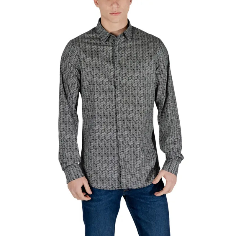 Men’s black long sleeve cotton shirt with dark gray and white geometric pattern by Armani Exchange