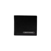 Black textured bifold wallet with silver-outlined Armani Exchange logo for men