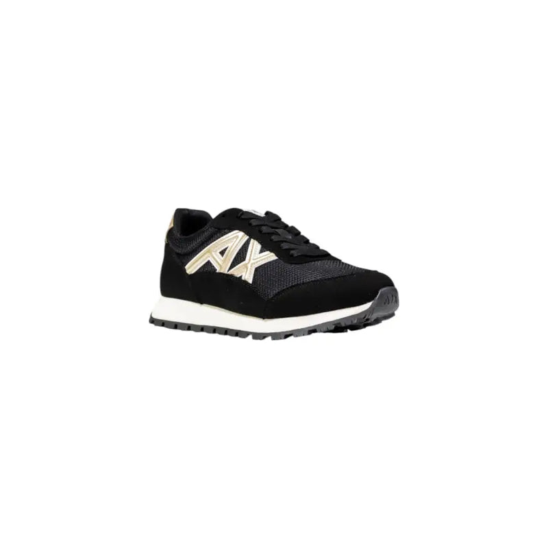 Armani Exchange men’s black running sneaker with metallic gold logo and white midsole for fall use