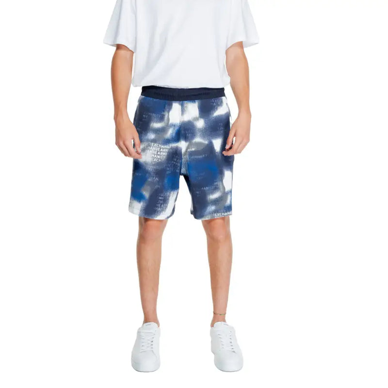 Armani Exchange men’s blue and white abstract patterned cotton-lycra blend shorts with dark navy elastic waistband