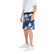 Armani Exchange mens blue and white abstract tie-dye shorts with solid navy waistband in cotton lycra blend