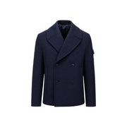 Armani Exchange Herrenblazer aus blauer Wolle, marineblauer, zweireihiger Cabanmantel mit schwarzen Knöpfen und strukturiertem Kragen