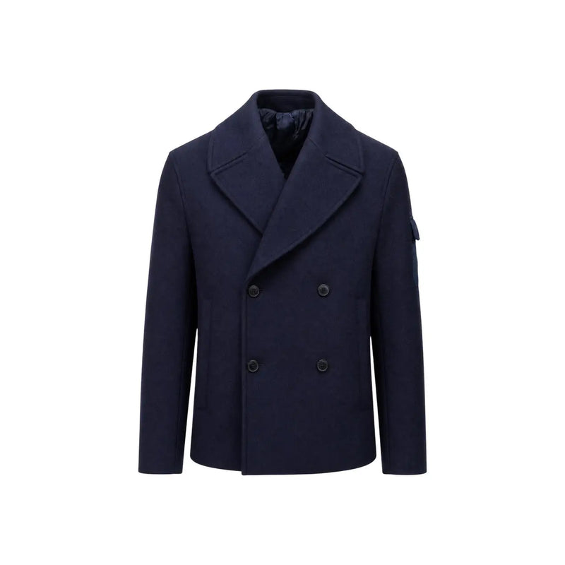 Armani Exchange Herrenblazer aus blauer Wolle, marineblauer, zweireihiger Cabanmantel mit schwarzen Knöpfen und strukturiertem Kragen