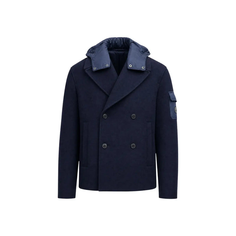 Armani Exchange Herrenblazer aus blauer Wolle mit marineblauem, doppelreihigem, gestepptem Kapuzenkragen im Peacoat-Stil und aufgesetzter Tasche am linken Ärmel.