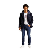 Armani Exchange Herren-Wollmantel in Marineblau mit doppelter Knopfleiste, kontrastierender dunkelblauer Kapuze und silberfarbenen Knöpfen