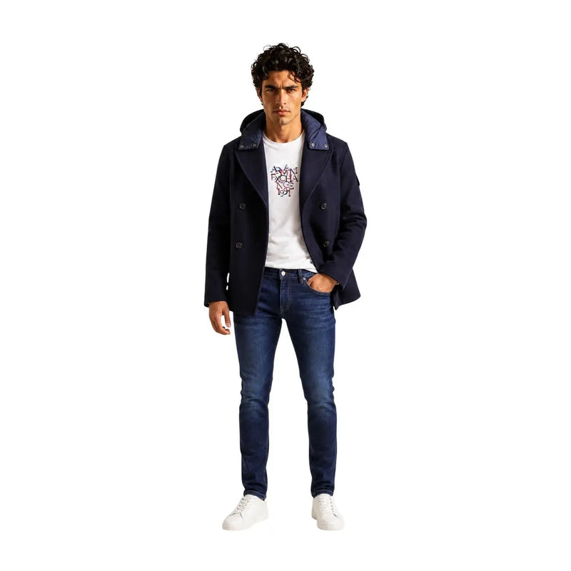 Armani Exchange Herren-Wollmantel in Marineblau mit doppelter Knopfleiste, kontrastierender dunkelblauer Kapuze und silberfarbenen Knöpfen