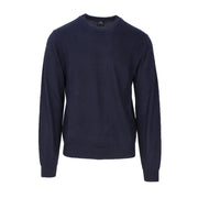 Armani Exchange men’s navy blue wool-blend crewneck sweater with subtle texture and small left chest logo