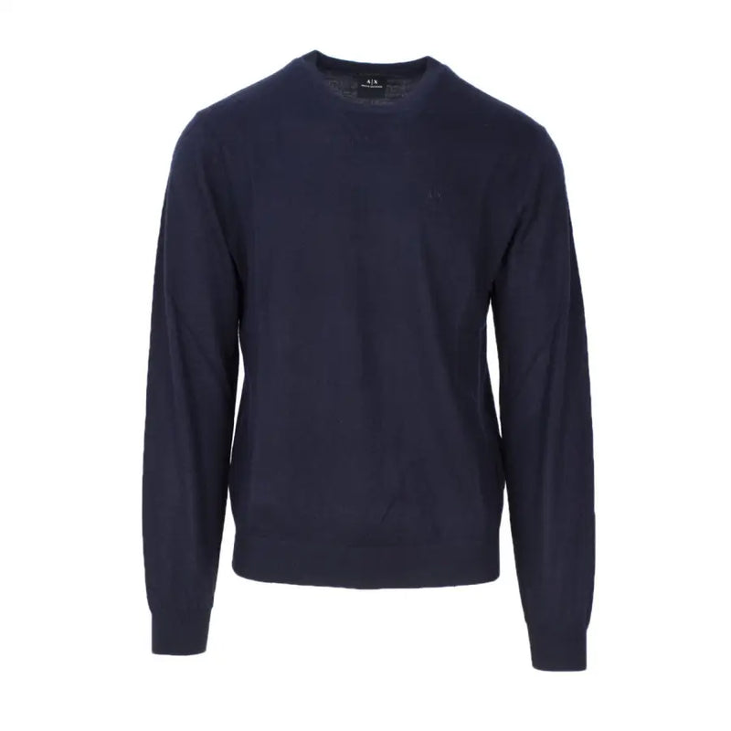 Armani Exchange men’s navy blue wool-blend crewneck sweater with subtle texture and small left chest logo