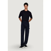 Dark navy blue denim jeans with straight-leg cut and subtle cargo pocket detail paired with armani exchange wool-blend sweater