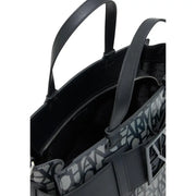 Black armani exchange patterned tote bag with repeating monogram exterior and structured leather handles in black and gray