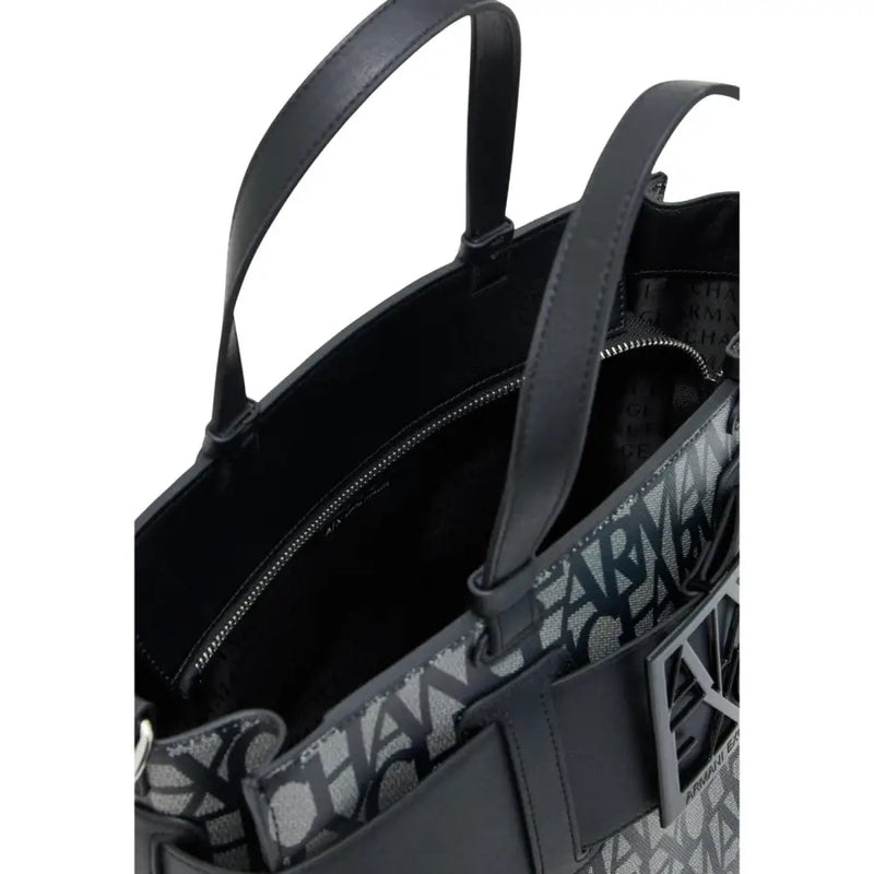 Black armani exchange patterned tote bag with repeating monogram exterior and structured leather handles in black and gray