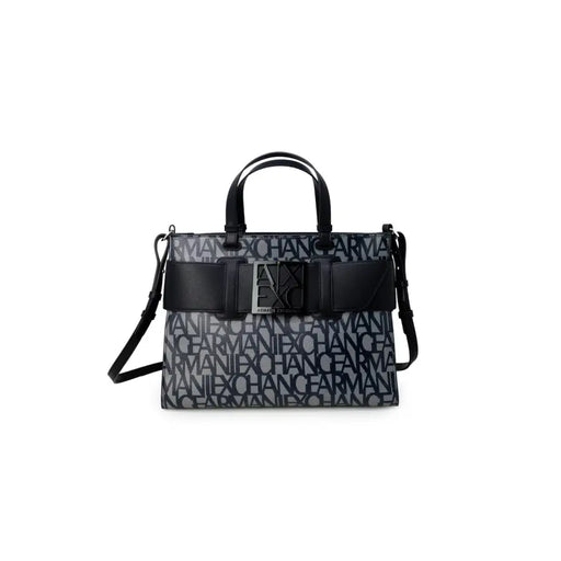 Armani Exchange patterned tote bag in black and gray with repeating logo print and black leather belt detail
