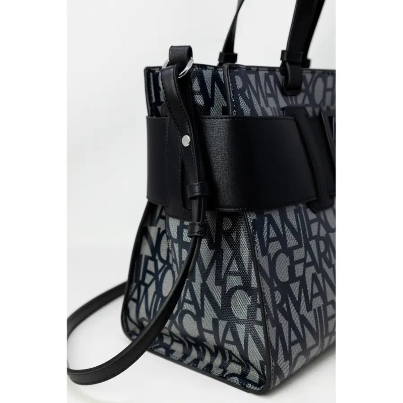 Armani Exchange patterned tote bag in black and gray with bold logo print and structured leather straps