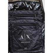 Armani Exchange Schwarze Steppjacke für Herren mit glänzendem Besatz und drei Reißverschlusstaschen, Vorderansicht