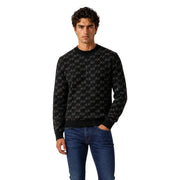 Armani Exchange Schwarzer Herrenpullover mit silbernem Axt-Monogrammmuster, Vorderansicht
