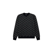 Armani Exchange Herrenpullover in Schwarz mit sich wiederholendem silbernen Axt-Logo-Muster, Vorderansicht
