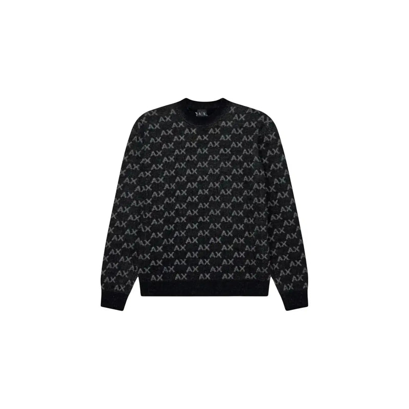 Armani Exchange Herrenpullover in Schwarz mit sich wiederholendem silbernen Axt-Logo-Muster, Vorderansicht