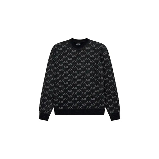 Armani Exchange Herrenpullover in Schwarz mit sich wiederholendem silbernen Axt-Logo-Muster, Vorderansicht