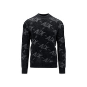 Armani Exchange Herrenpullover aus schwarzem Strick mit hellgrauem abstraktem Muster, Vorderansicht