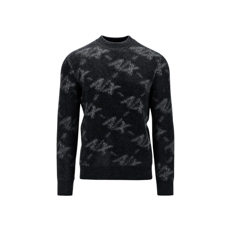 Armani Exchange Herrenpullover aus schwarzem Strick mit hellgrauem abstraktem Muster, Vorderansicht