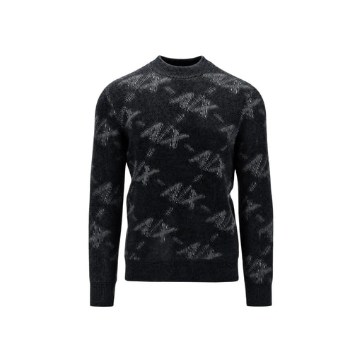 Armani Exchange Herrenpullover aus schwarzem Strick mit hellgrauem abstraktem Muster, Vorderansicht