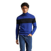 Armani Exchange Viskosepullover für Herren mit blau-schwarzen Streifen und markantem horizontalem Bruststreifen, Vorderansicht