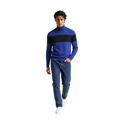 Armani Exchange Viskosepullover für Herren in Königsblau mit schwarzem horizontalem Bruststreifen, Vorderansicht