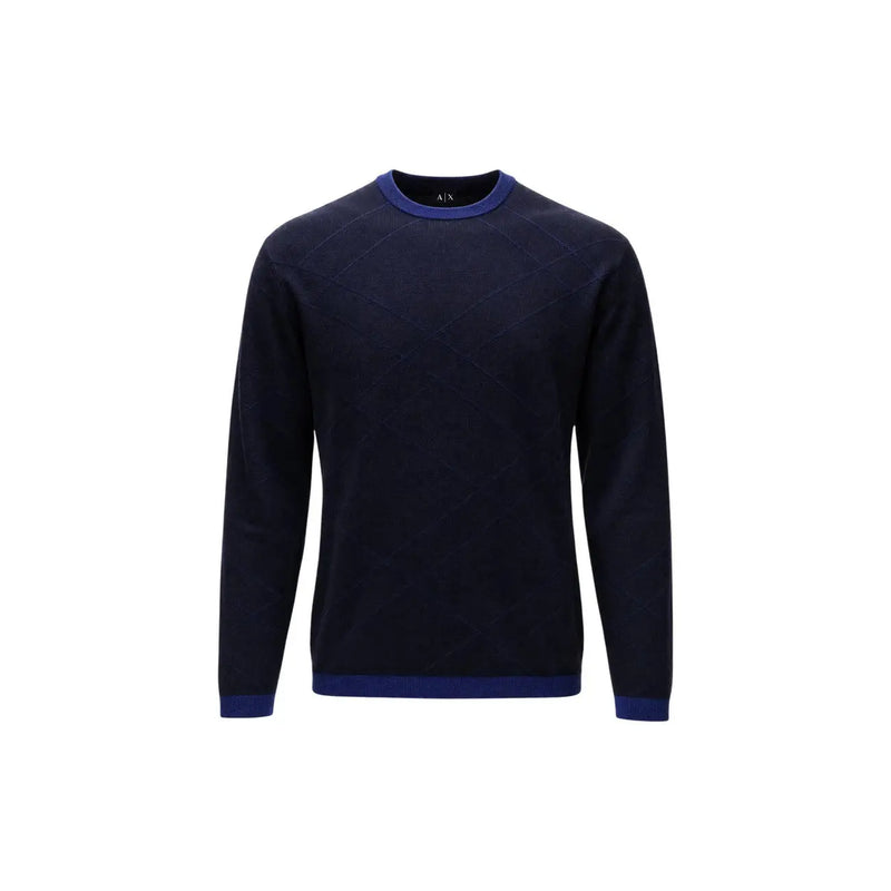 Armani Exchange Viskosepullover für Herren in Marineblau mit königsblauen Rippbündchen an Halsausschnitt, Ärmeln und Saum, Vorderansicht