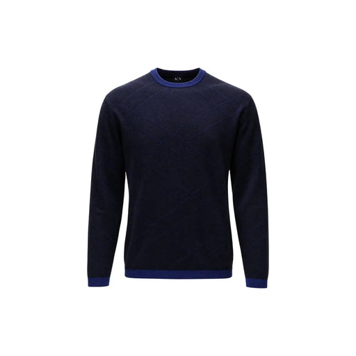 Armani Exchange Viskosepullover für Herren in Marineblau mit königsblauen Rippbündchen an Halsausschnitt, Ärmeln und Saum, Vorderansicht