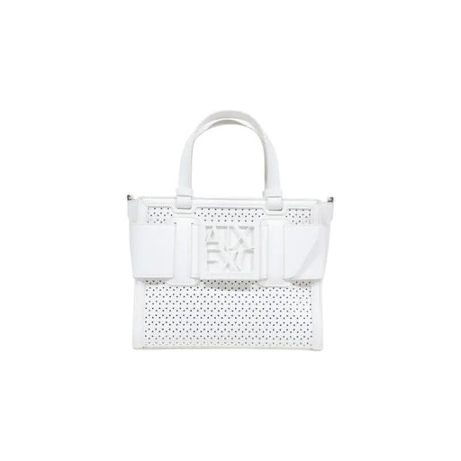 Armani Exchange weiße, perforierte Lederhandtasche mit Logo-Plakette top Griffe, Riemen