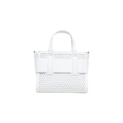 Armani Exchange white handbag in perforated leather tote style with structured front panel and top handles