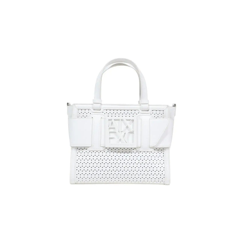 Armani Exchange white perforated leather handbag with structured top handles and prominent central logo plaque