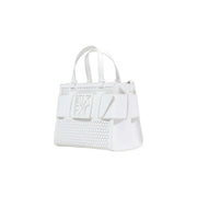 Armani Exchange white perforated leather handbag with bold front logo and structured shoulder strap handles