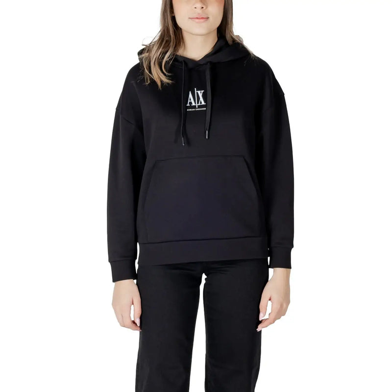 Armani Exchange Schwarzer Damen-Hoodie mit weißem Logo und Vordertasche aus einem angenehmen Baumwollmischgewebe