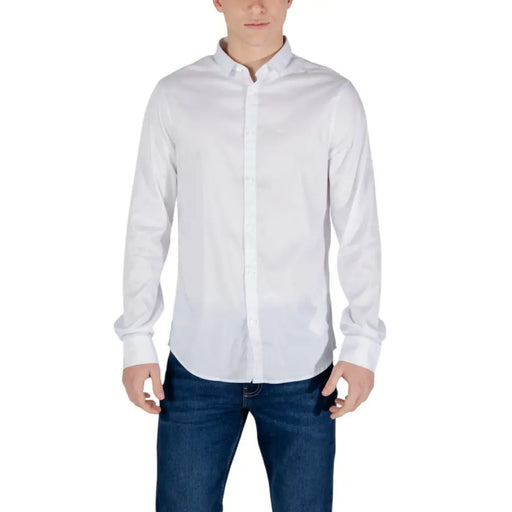 Armani Exchange White Long Sleeve Mens Shirt with button-down collar and blue jeans