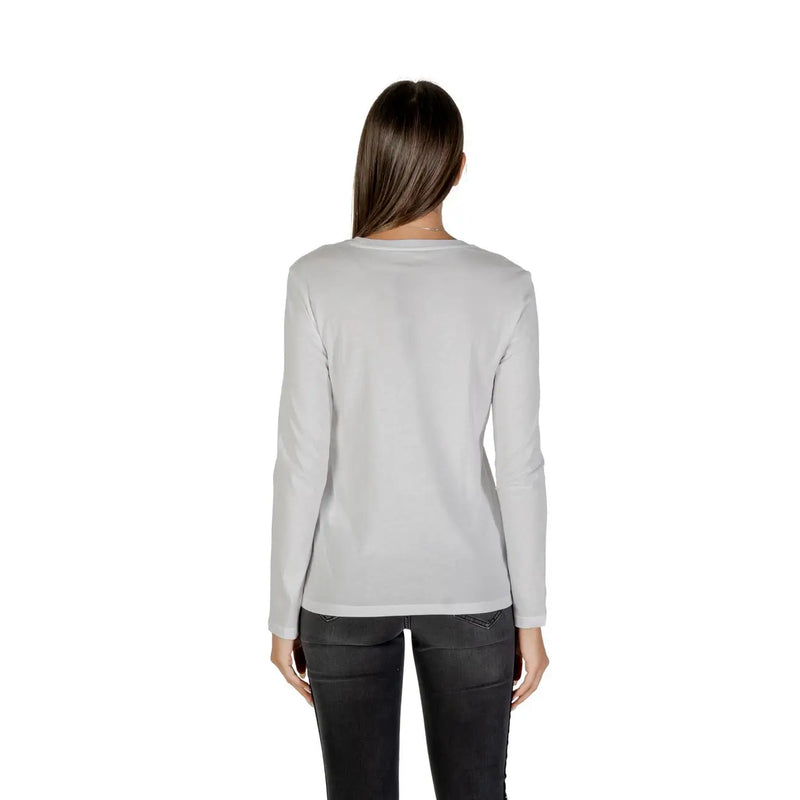 Armani Exchange white women long sleeve t shirt with rhinestone print soft light gray fabric and round neckline